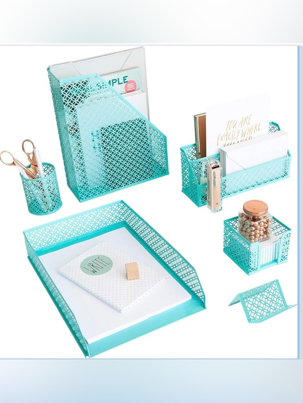 Teal Desk Organizer Set 6pc File Holder Tray Pen Cup Office Storage